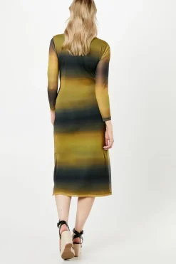 Ombre Print Ring Detail Mesh Midi Dress