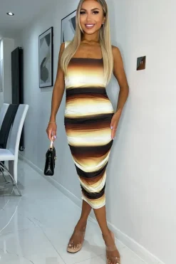 Ombre Square Neck Sleeveless Ruched Bodycon Midi Dress