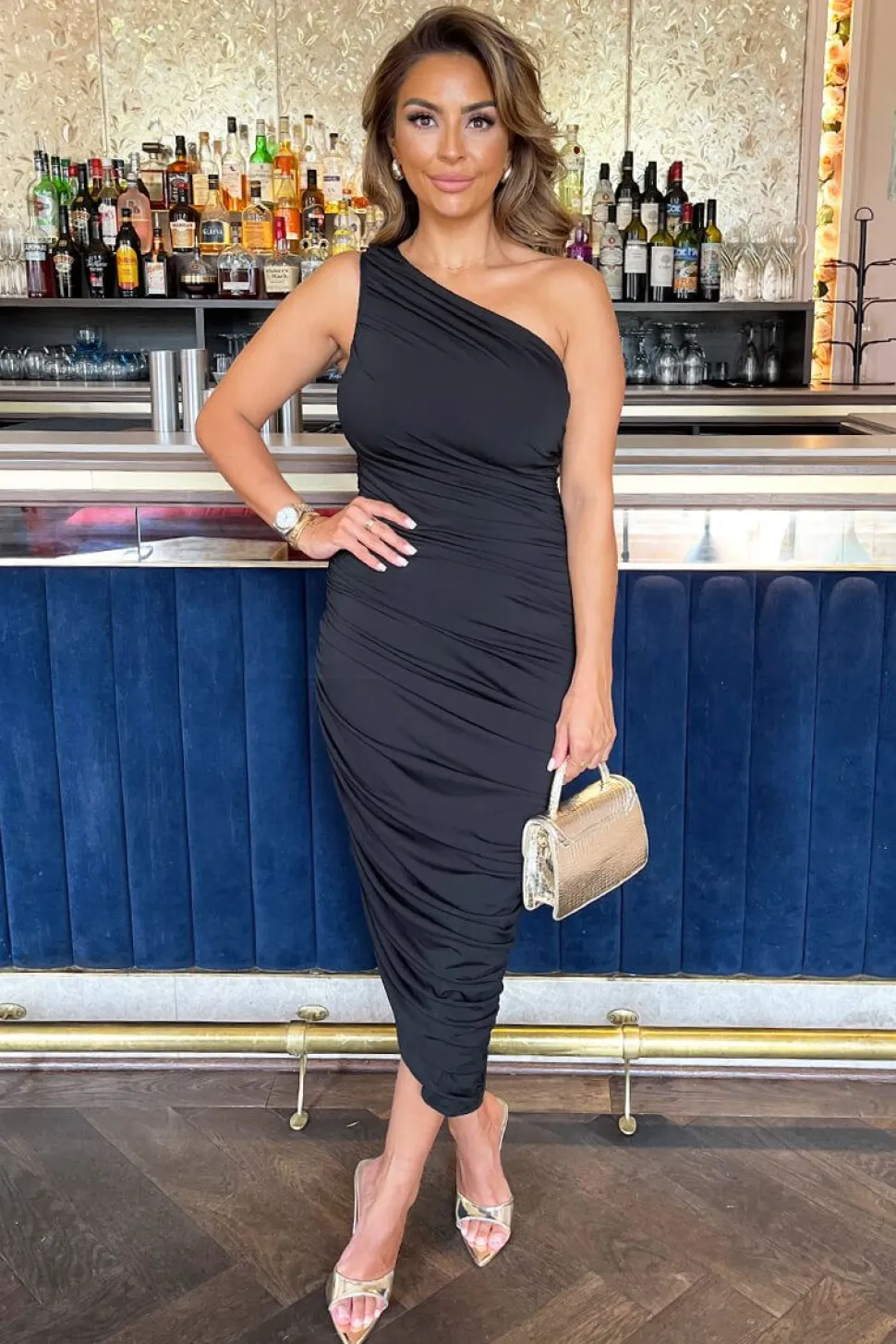 One Shoulder Asymmetric Hem Ruched Midi Dress