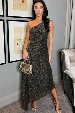 One Shoulder Cut Out Detail Plisse Midi Dress