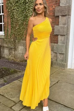 One Shoulder Cut Out Pleated Midi Dress