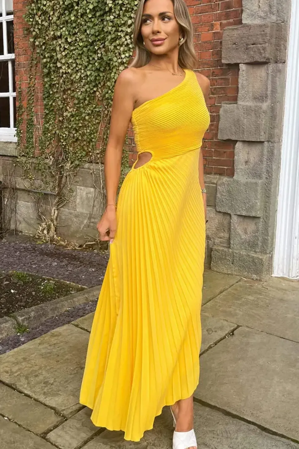 One Shoulder Cut Out Pleated Midi Dress