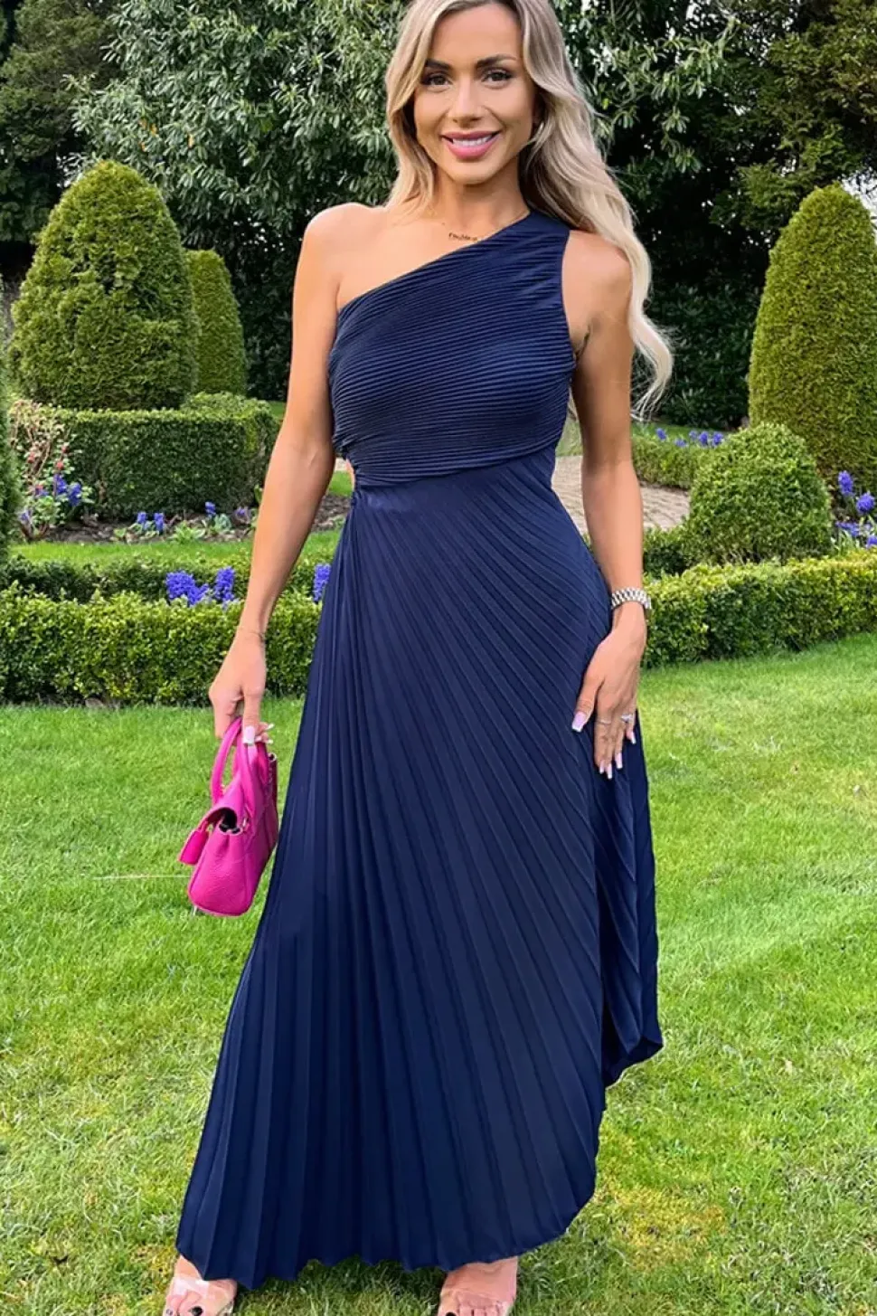 One Shoulder Cut Out Pleated Midi Dress