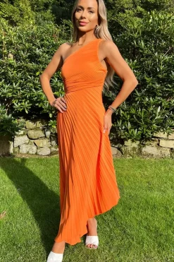 One Shoulder Cut Out Pleated Midi Dress