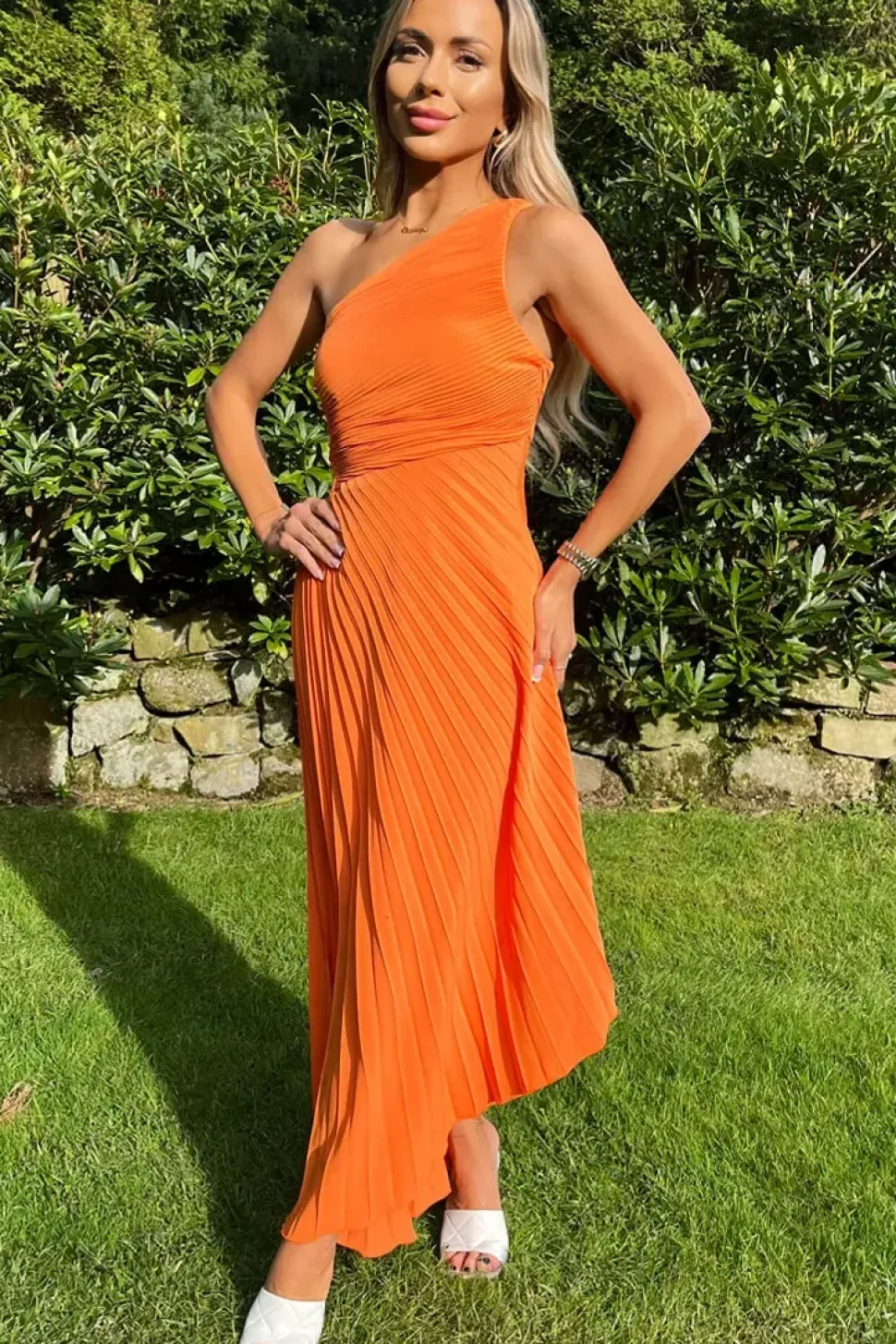 One Shoulder Cut Out Pleated Midi Dress