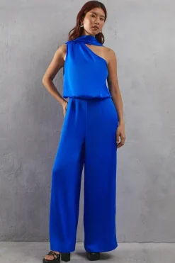 One Shoulder Drop Waist Satin Wide Leg Jumpsuit