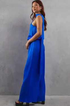 One Shoulder Drop Waist Satin Wide Leg Jumpsuit