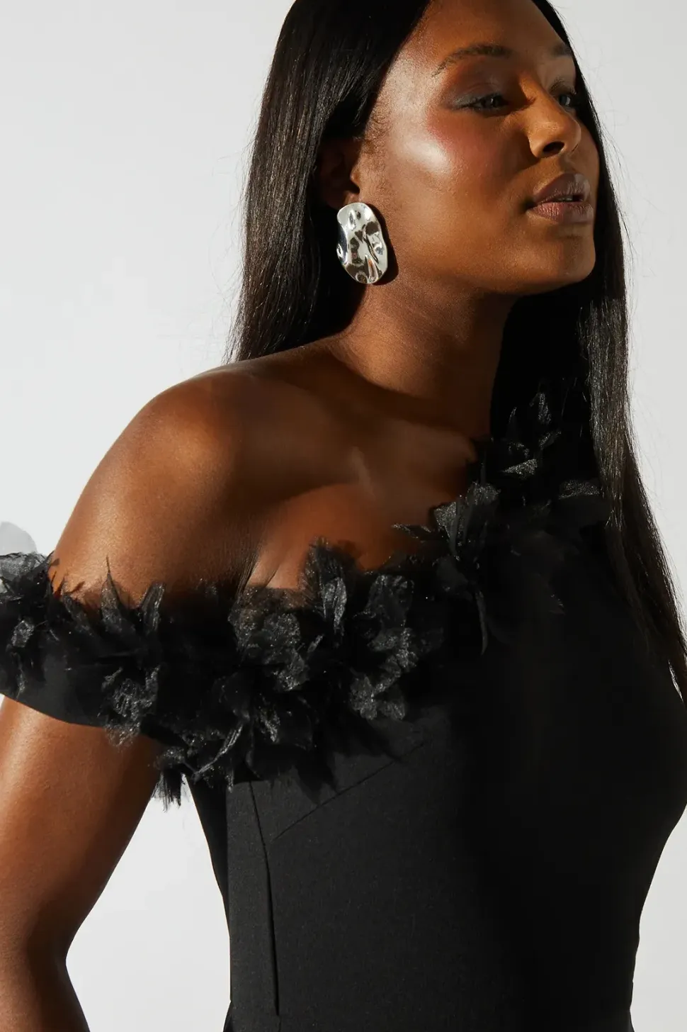 One Shoulder Floral Trim Black Tie Maxi Dress