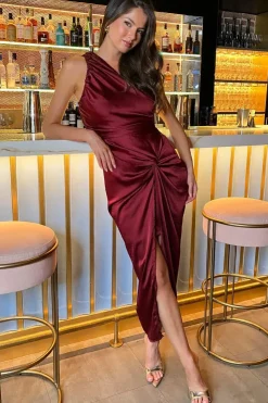 One Shoulder Knot Detail Satin Midi Dress