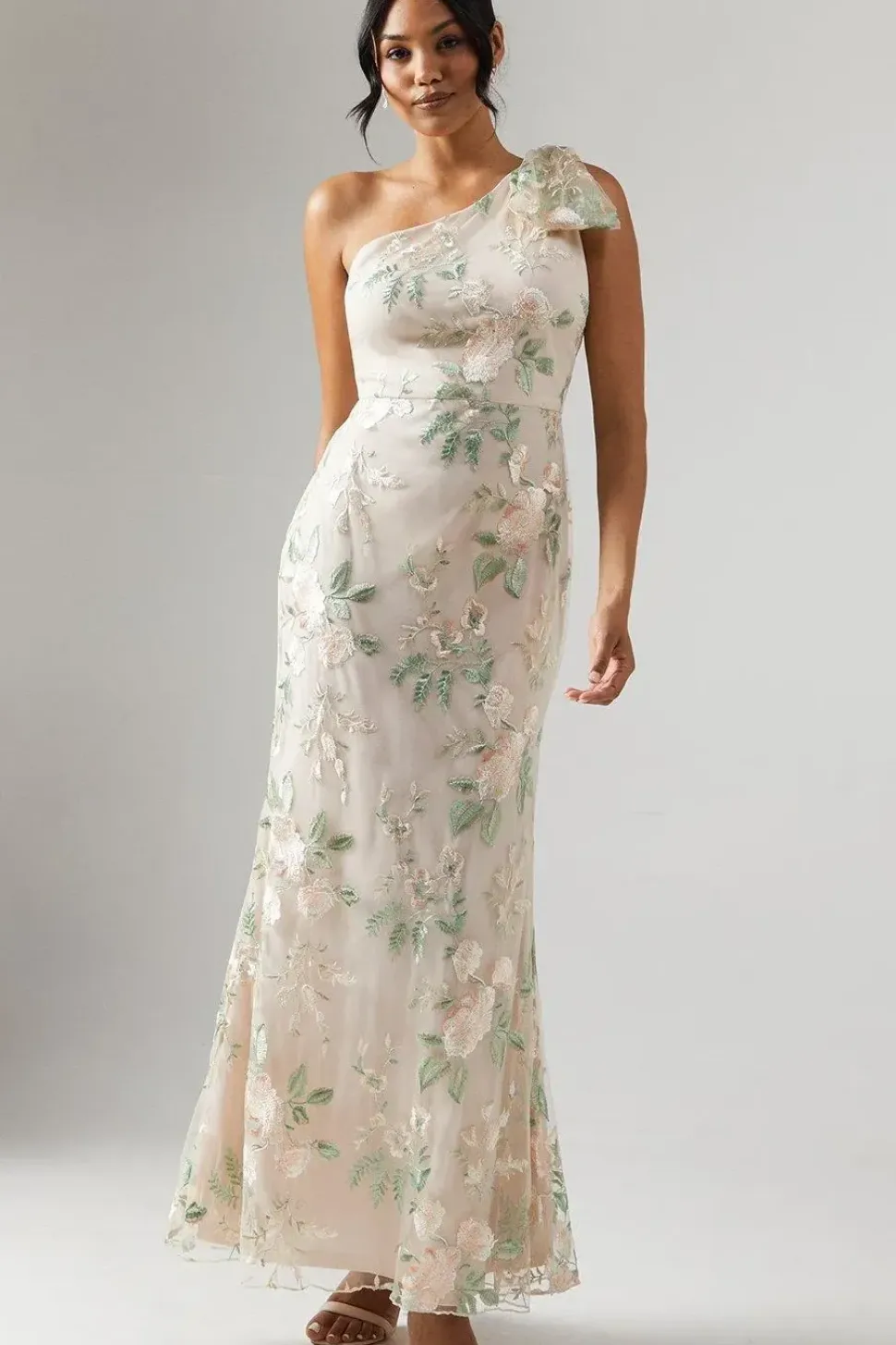 One Shoulder Rose Embroidered Bridesmaid Dress