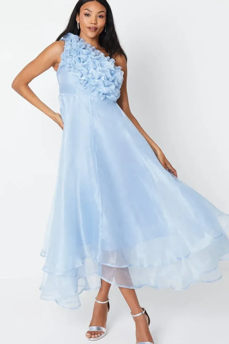 One Shoulder Ruffle Bodice Midi Dress