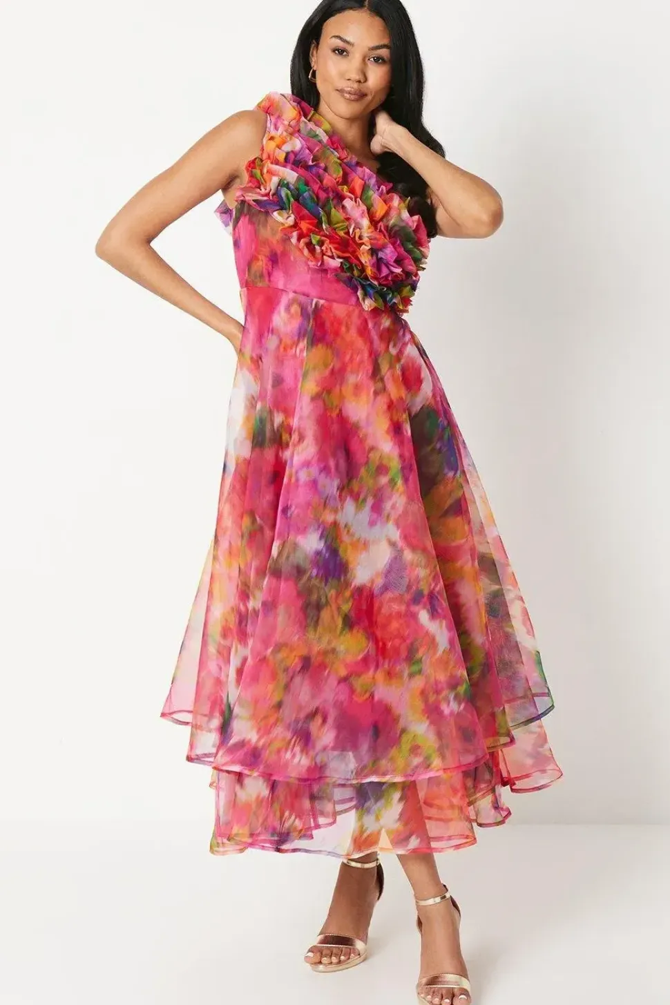 One Shoulder Ruffle Bodice Printed Midi Dress