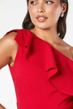One Shoulder Ruffle Crepe Midi Dress