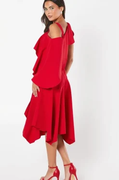 One Shoulder Ruffle Crepe Midi Dress