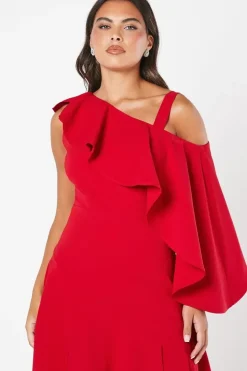 One Shoulder Ruffle Crepe Midi Dress