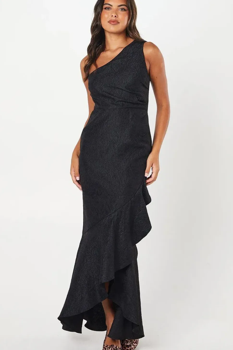 One Shoulder Ruffle Detail Jacquard Black Maxi Dress