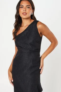 One Shoulder Ruffle Detail Jacquard Black Maxi Dress