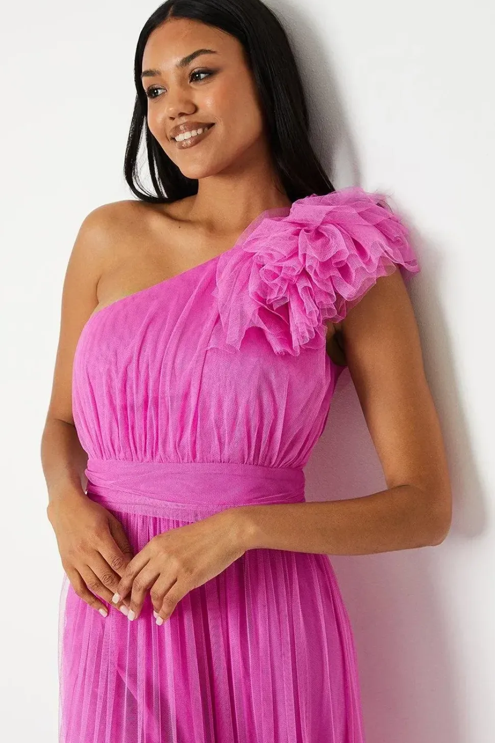 One Shoulder Ruffle Tulle Maxi Dress