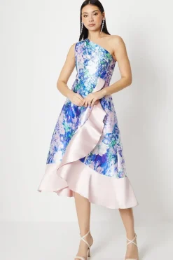One Shoulder Seam Detail Ruffle Midi Dress