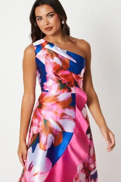 One Shoulder Seam Detail Ruffle Midi Dress
