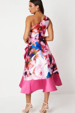 One Shoulder Seam Detail Ruffle Midi Dress