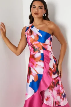 One Shoulder Seam Detail Ruffle Midi Dress