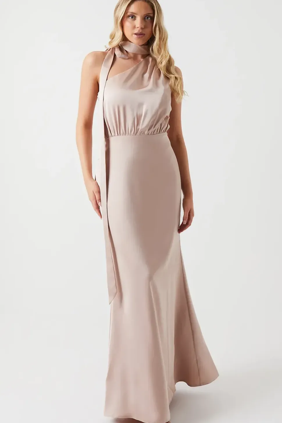 One Shoulder Tie Neck Satin Bridesmaid Dress
