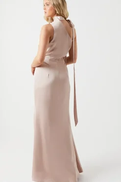 One Shoulder Tie Neck Satin Bridesmaid Dress