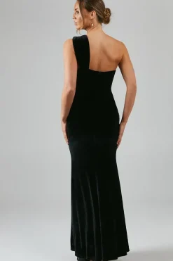 One Shoulder Twist Detail Velvet Maxi Bridesmaid Dress