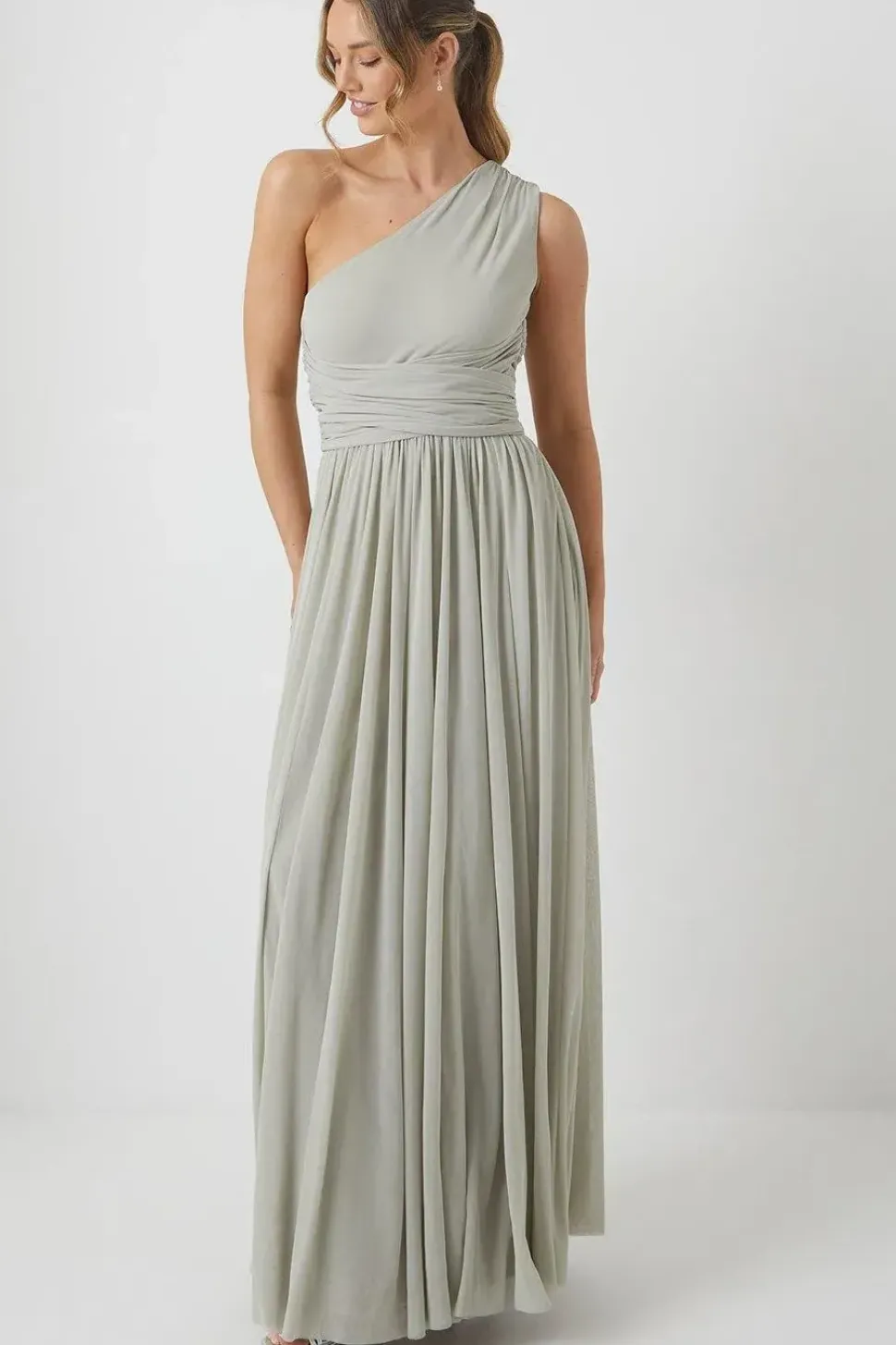 One Shoulder Wrap Waist Stretch Mesh Bridesmaid Dress