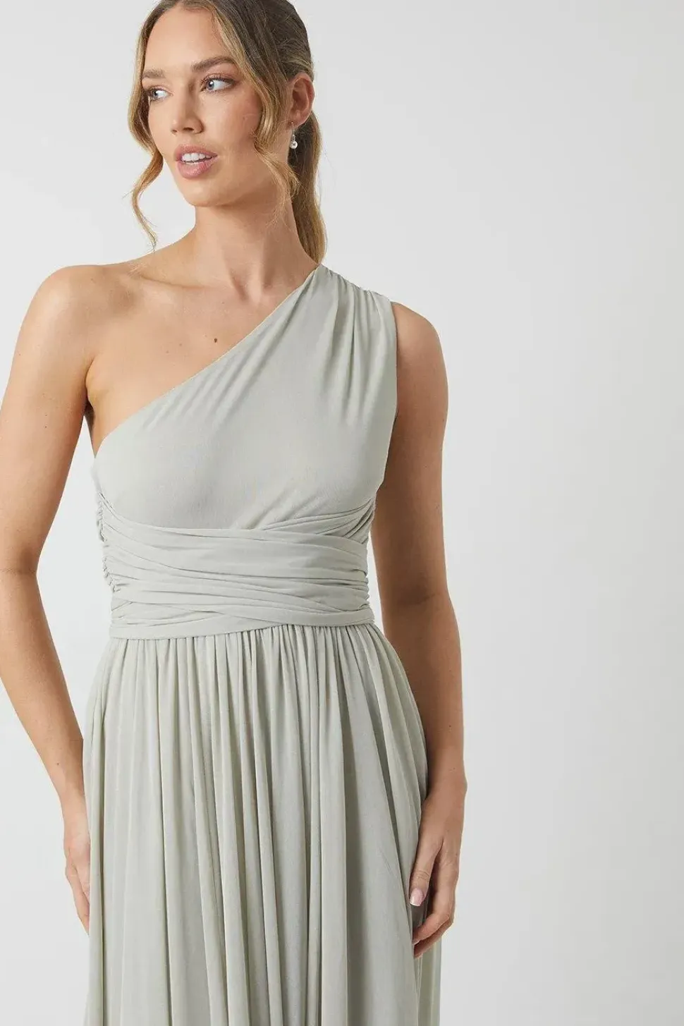 One Shoulder Wrap Waist Stretch Mesh Bridesmaid Dress