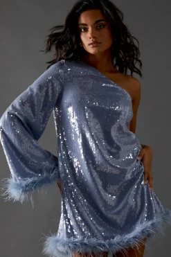 One Sleeve Sequin Mini Dress With Feather