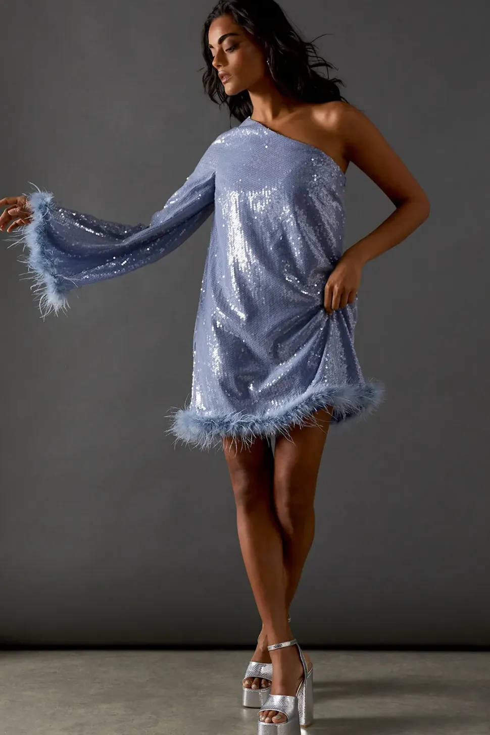One Sleeve Sequin Mini Dress With Feather