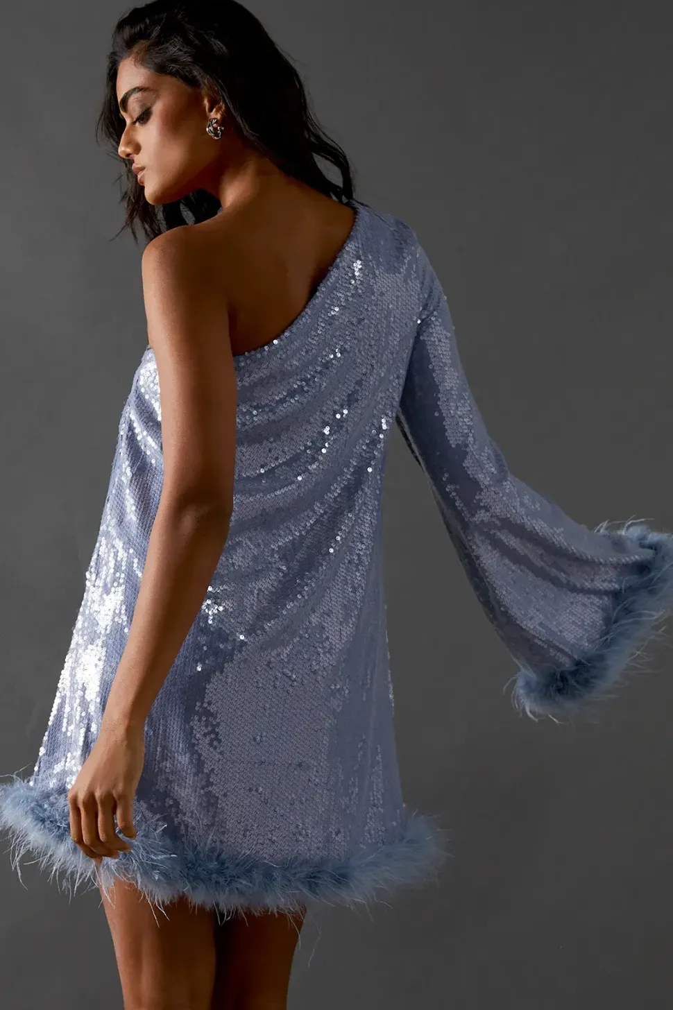 One Sleeve Sequin Mini Dress With Feather