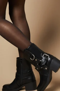 Onyx Metal Buckle Detial Chunky Biker Ankle Boot