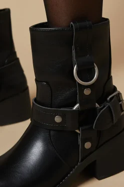 Onyx Metal Buckle Detial Chunky Biker Ankle Boot