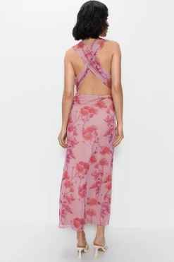 Open Back Abstract Floral Midi Dress