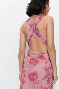 Open Back Abstract Floral Midi Dress