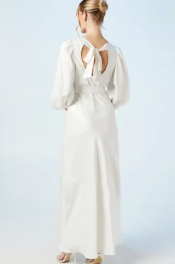 Open Back Blouson Sleeve Satin Wedding Dress