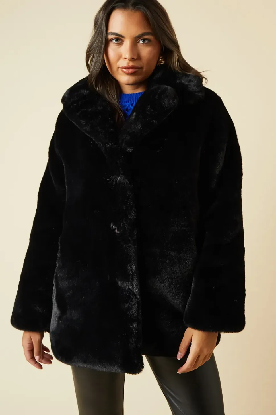 Open Collar Midi Fur Coat