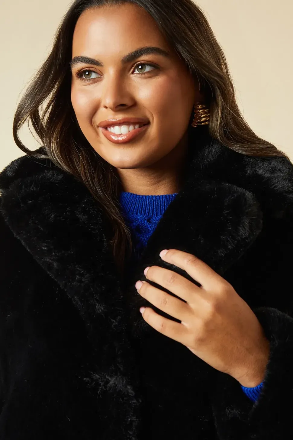 Open Collar Midi Fur Coat