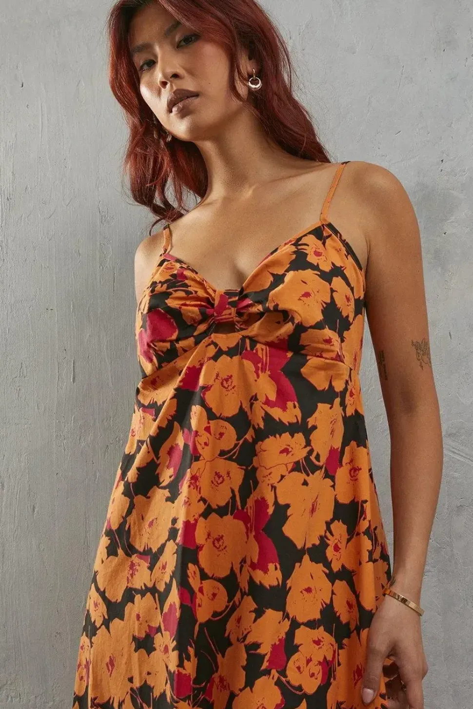 Orange Floral Poplin Tie Front Midi Sundress