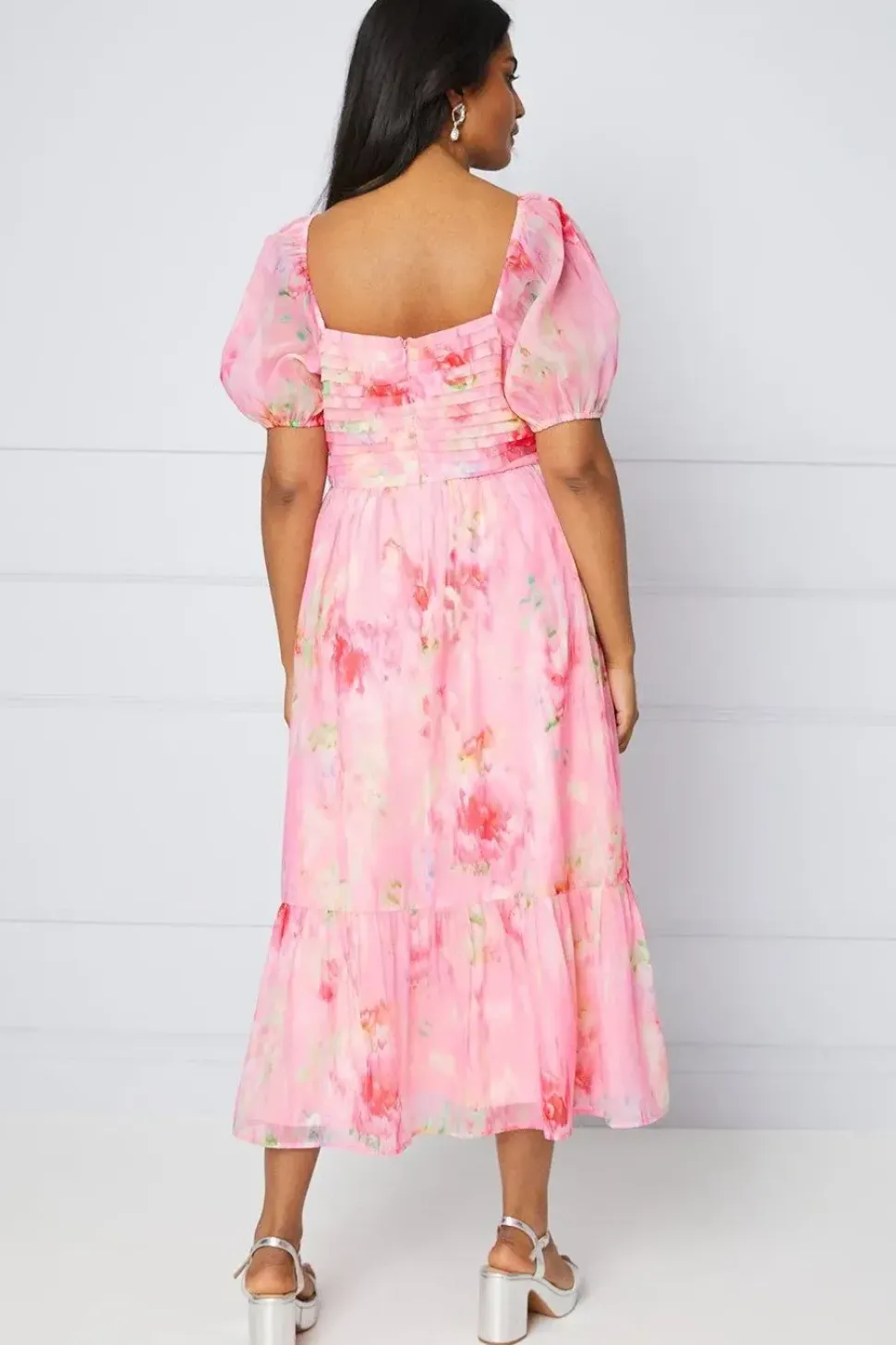 Organza Blurred Floral Pleated Midi Smock Dress