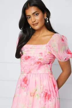 Organza Blurred Floral Pleated Midi Smock Dress