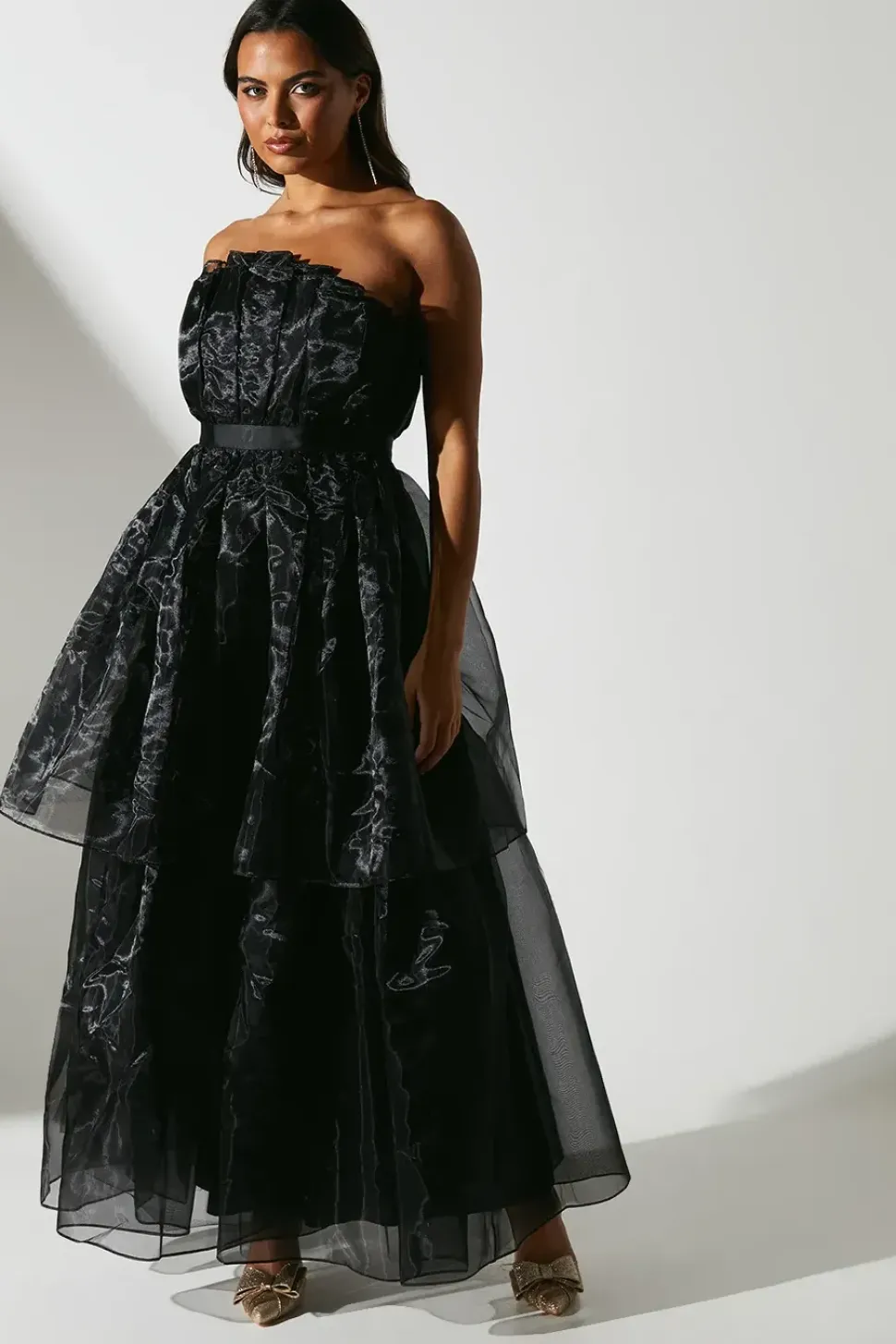 Organza Fan Bodice Maxi Dress