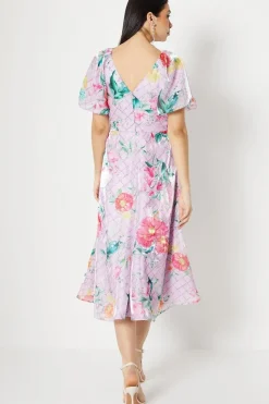 Organza Gather Detail Puff Sleeve Midi Dress