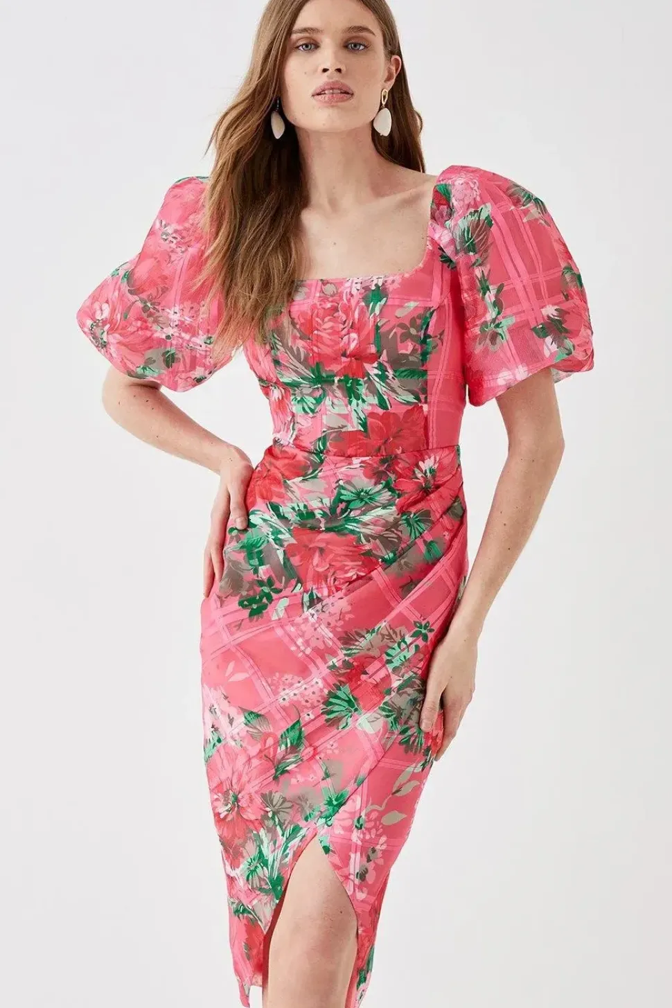 Organza Pencil Dress With Puff Sleeve