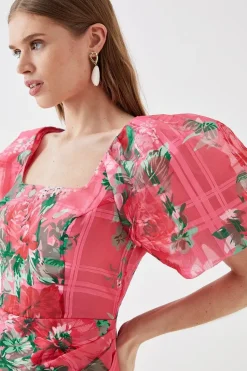 Organza Pencil Dress With Puff Sleeve