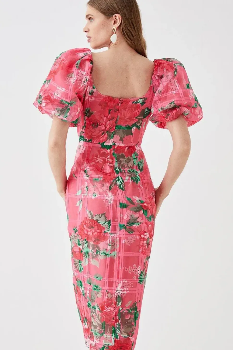 Organza Pencil Dress With Puff Sleeve