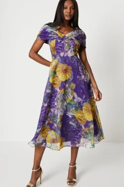 Organza Print Pleat Cape Detail Midi Dress